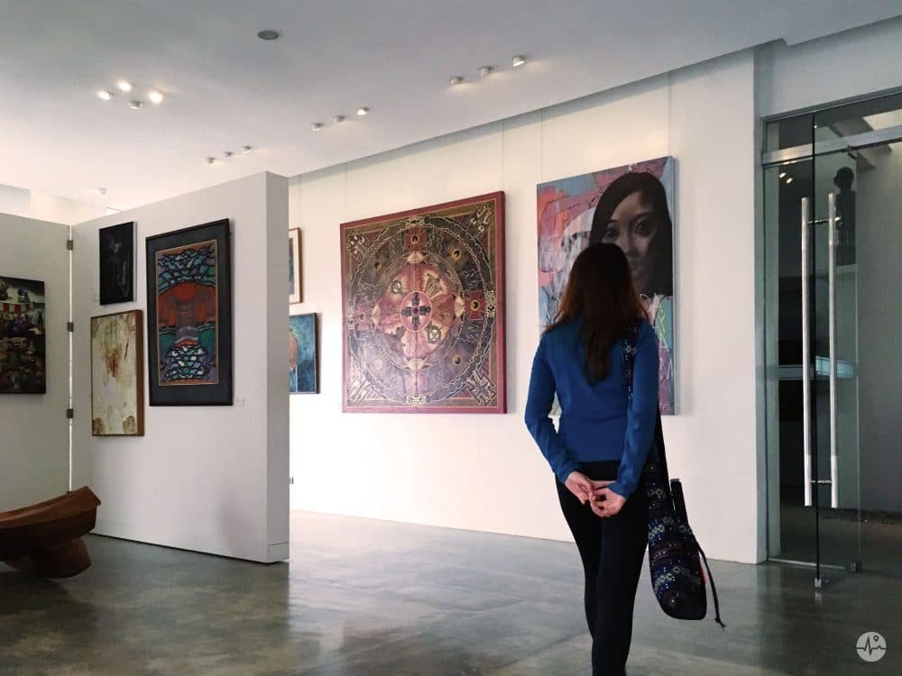 Photo of a visitor viewing the paintings in BenCab Museum