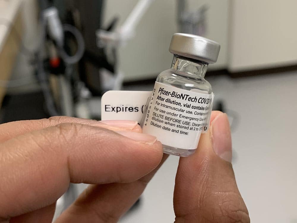 Photo of a vial of Pfizer COVID-19 Vaccine