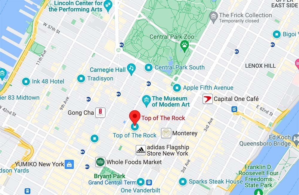 Photo of a map showing the location of Top of the Rock Observation Deck New York